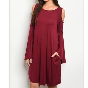 Burgundy Bell Sleeve Cold Shoulder Witchy Tunic Dress